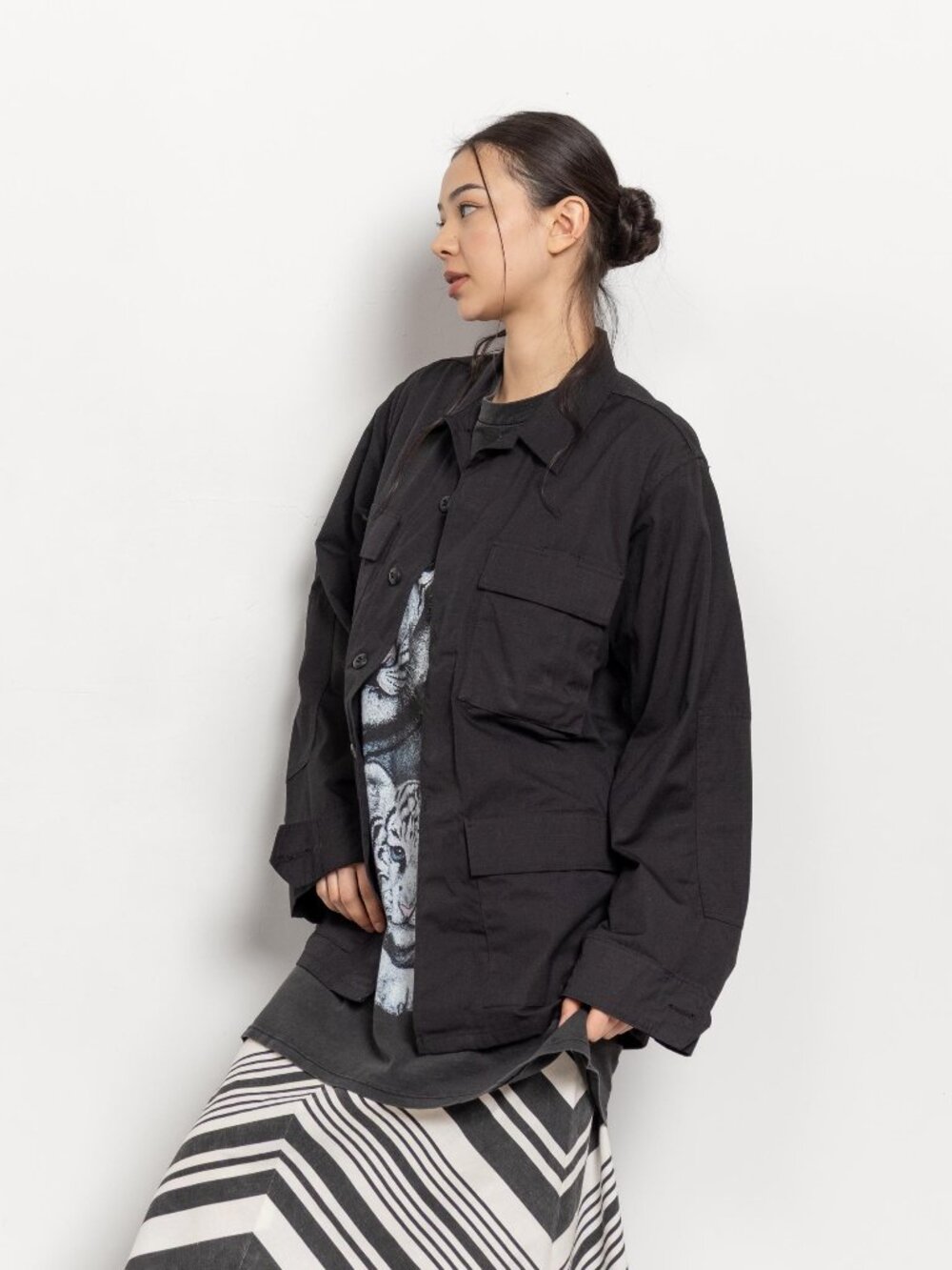 Vintage Black Canvas Utility Jacket, 90s Oversized Fit (Small)